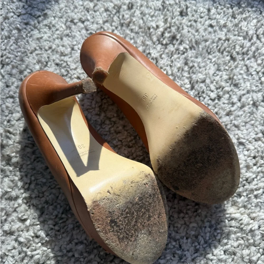 Brown Platform Peep Toe Heels EU 38 Stiletto Pumps Cutout Leather